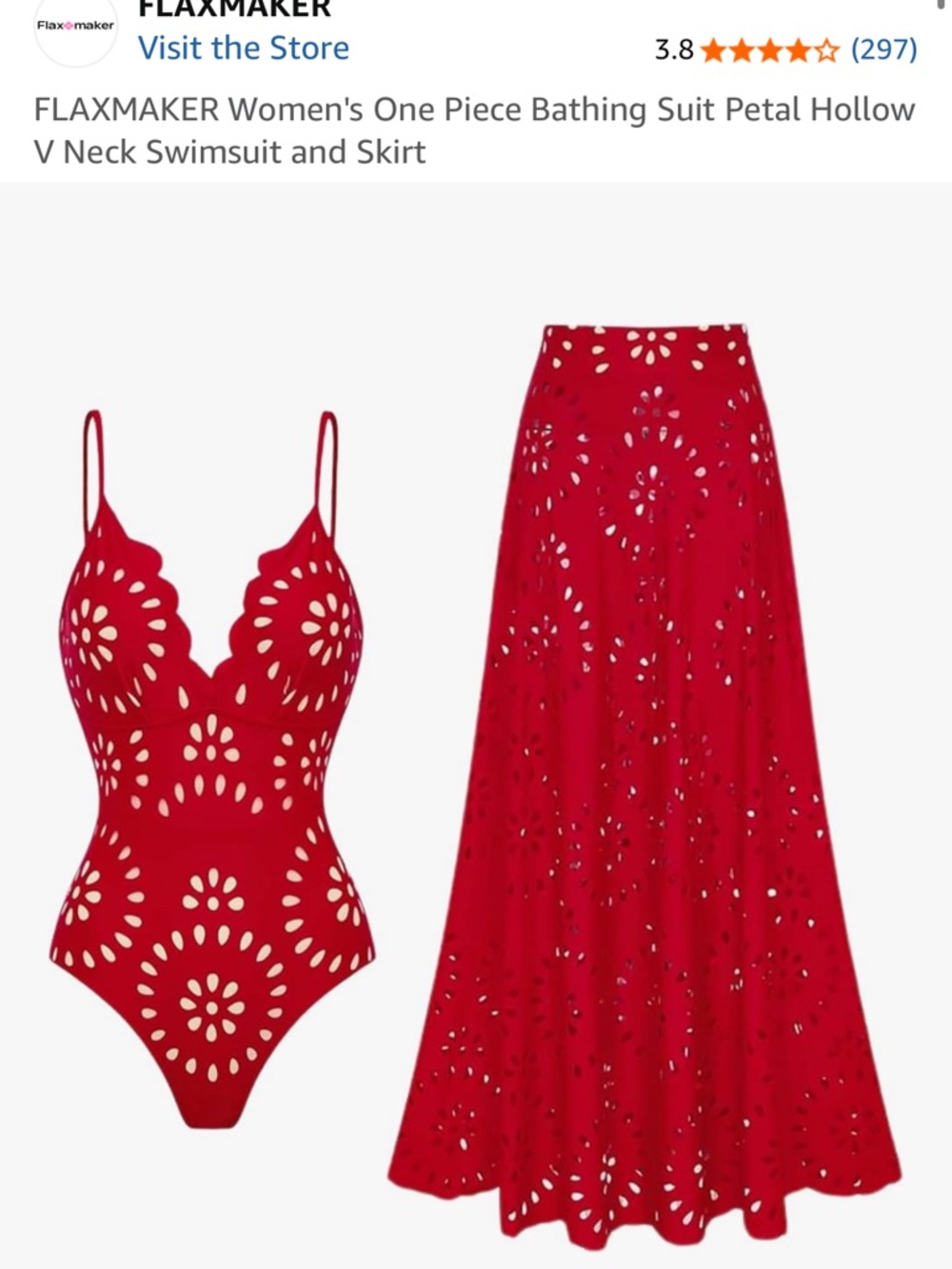 FLAXMAKER Women's Red Petal Hollow V-Neck One-Piece Swimsuit with Skirt